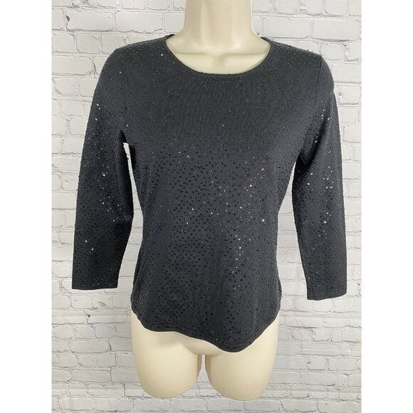 Ann Taylor 3/4 Sleeve Pullover Silk Blend Sequined Black Shirt Sweater Blouse XS - Picture 1 of 11